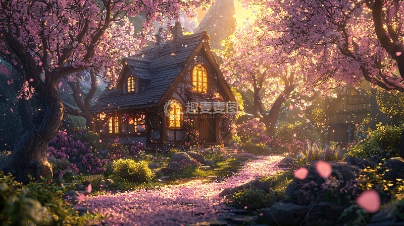 高清大图下载【趣麦麦图】梦幻樱花树林小屋