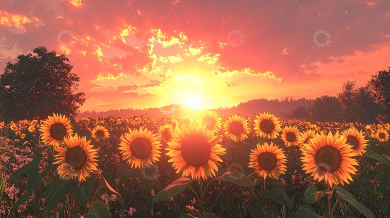 高清大图下载【趣麦麦图】日落时分向日葵田