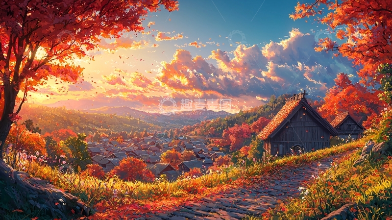 高清大图下载【趣麦麦图】秋日村庄红叶夕阳