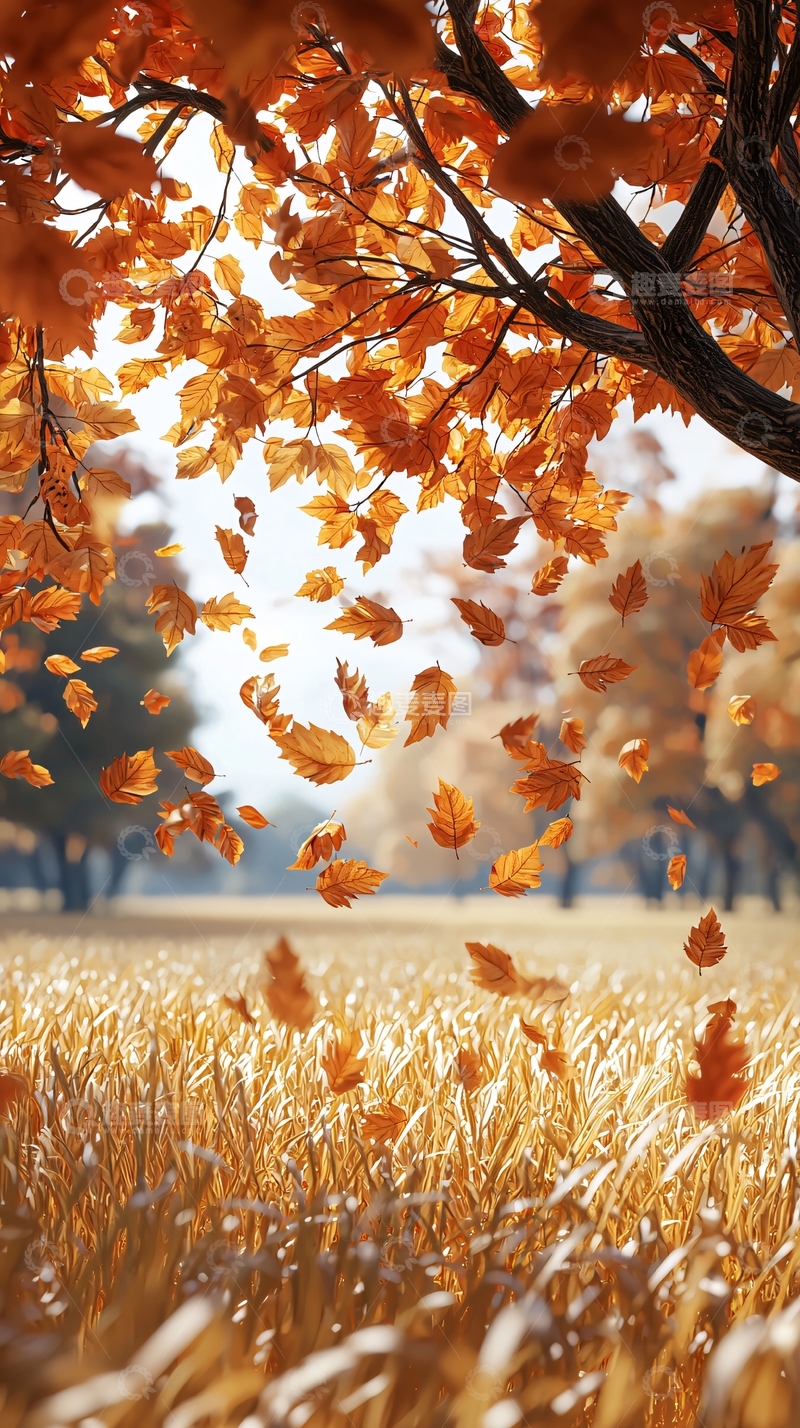 高清大图下载【趣麦麦图】秋叶飘落麦田