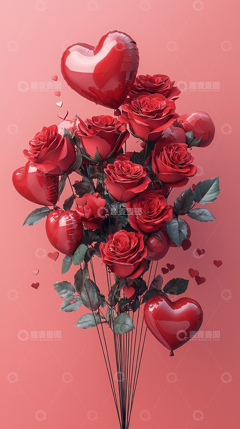 高清大图下载【趣麦麦图】红玫瑰与爱心气球
