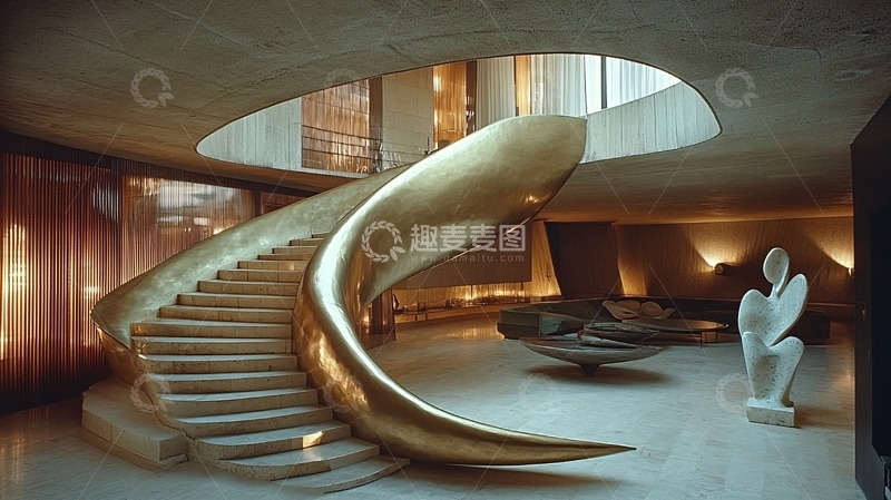 高清大图下载【趣麦麦图】金色旋转楼梯室内设计
