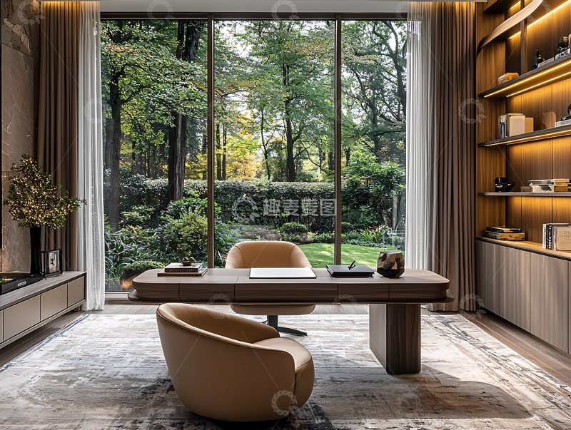 高清大图下载【趣麦麦图】现代书房落地窗外绿树