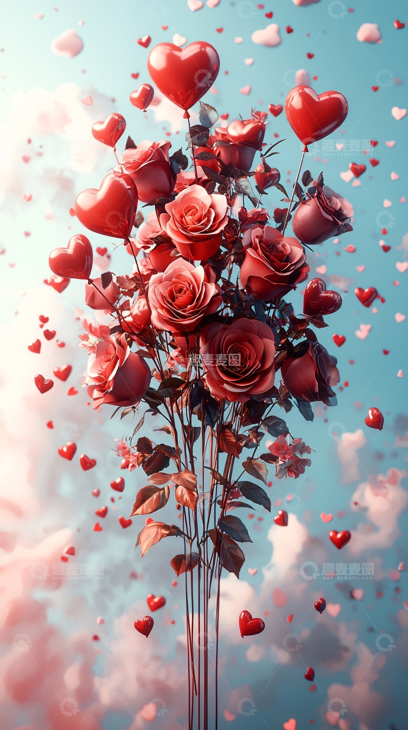 高清大图下载【趣麦麦图】红玫瑰爱心气球梦幻背景