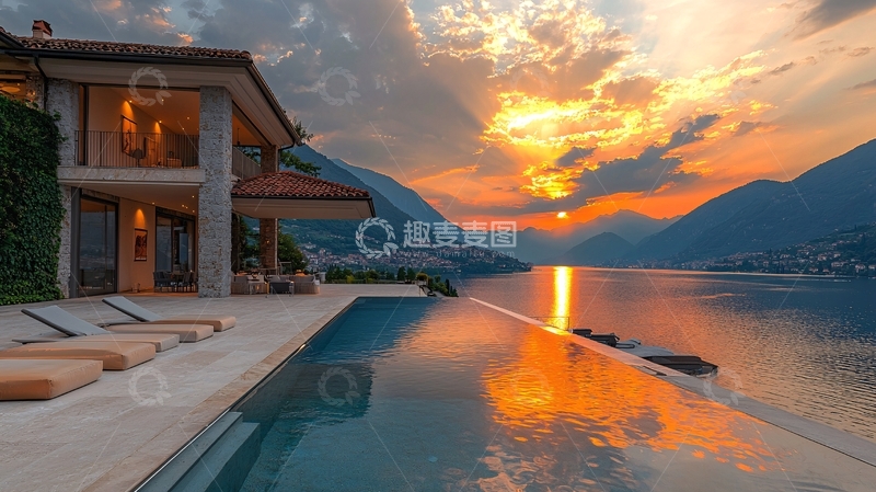 高清大图下载【趣麦麦图】湖边别墅落日晚霞
