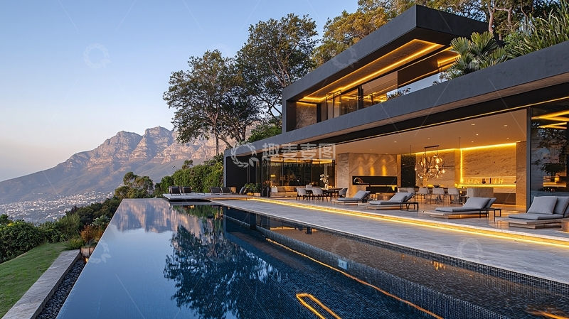 高清大图下载【趣麦麦图】山顶豪宅泳池夜景