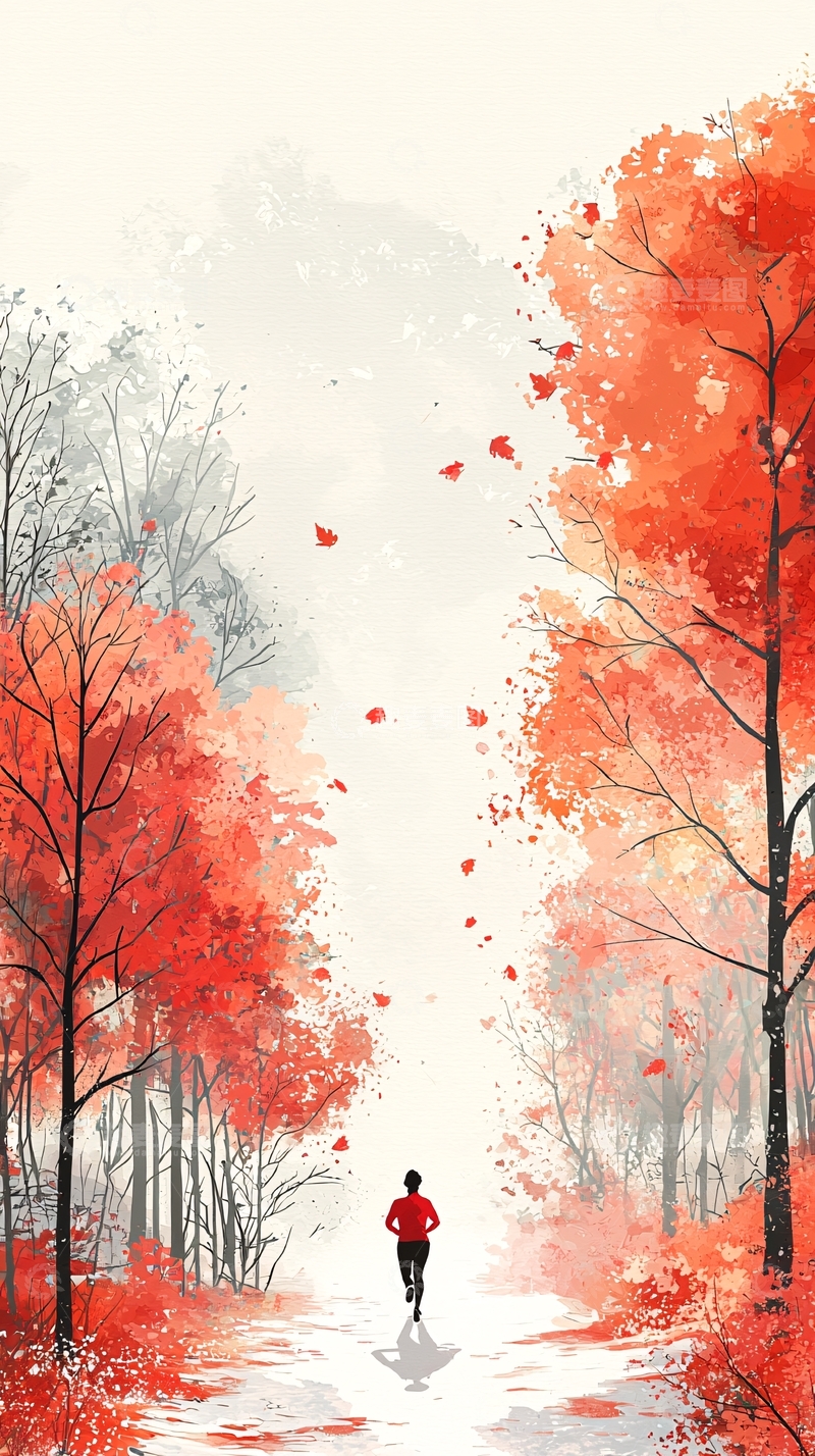 高清大图下载【趣麦麦图】红叶林中跑步的人
