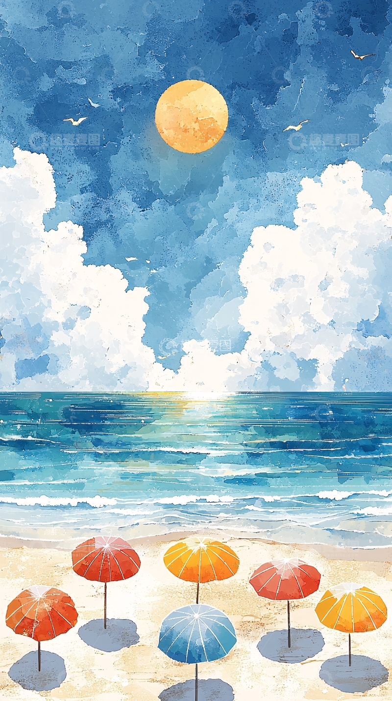 高清大图下载【趣麦麦图】水彩海滩风景9