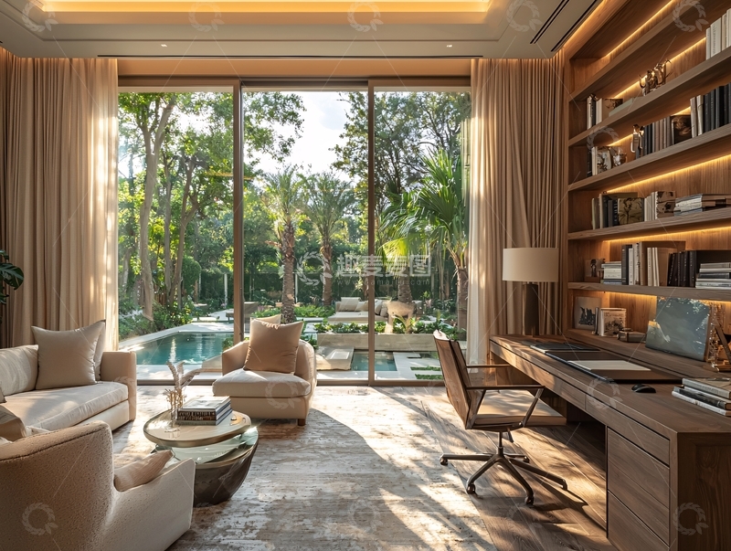高清大图下载【趣麦麦图】豪华书房景观泳池