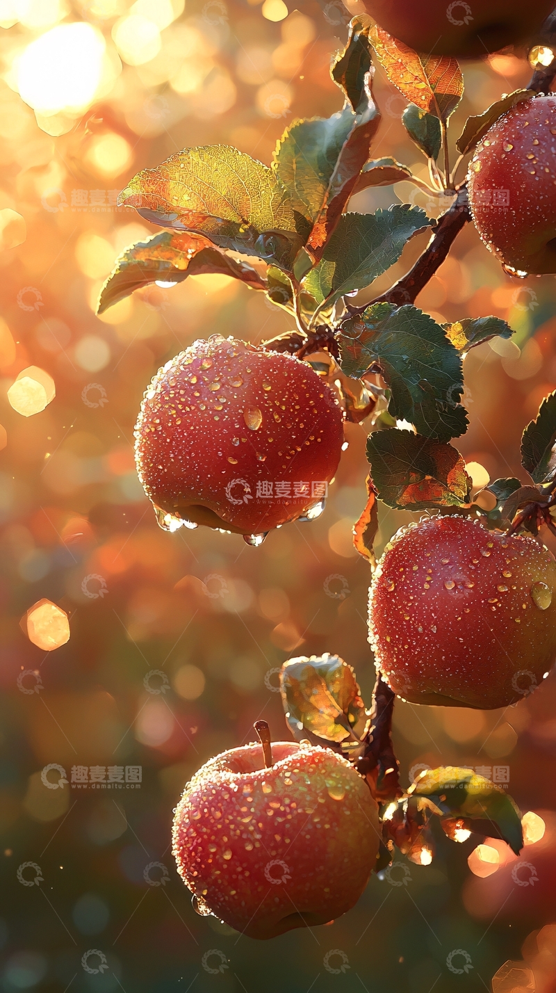高清大图下载【趣麦麦图】朝阳下挂满露珠的红苹果