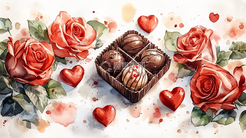 高清大图下载【趣麦麦图】水彩玫瑰巧克力礼盒