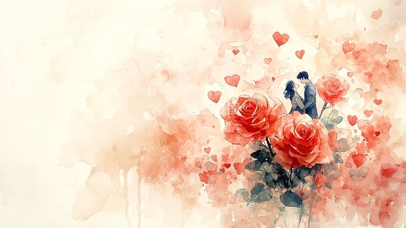 高清大图下载【趣麦麦图】水彩画情侣玫瑰花