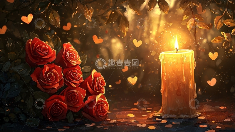高清大图下载【趣麦麦图】红玫瑰蜡烛爱心背景