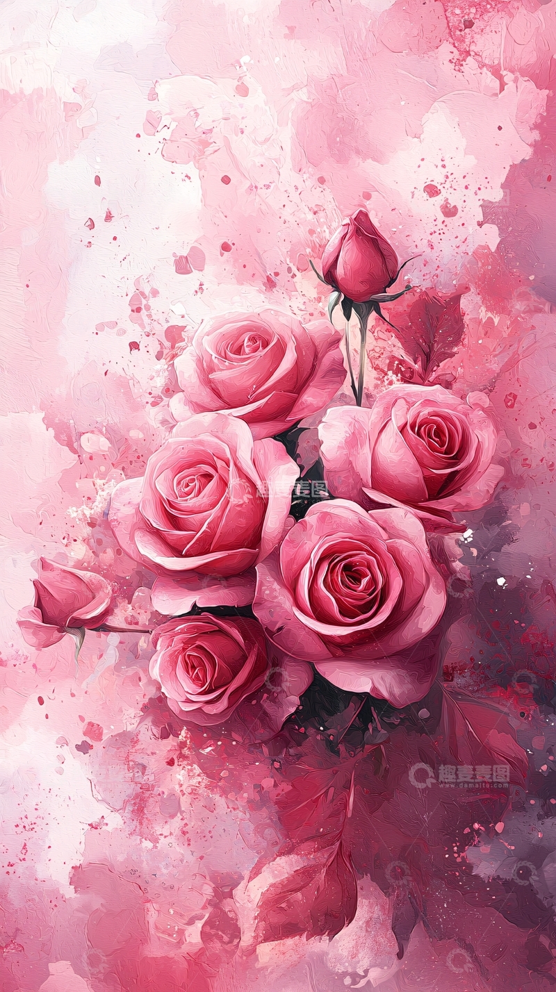 高清大图下载【趣麦麦图】粉色玫瑰花束水彩画