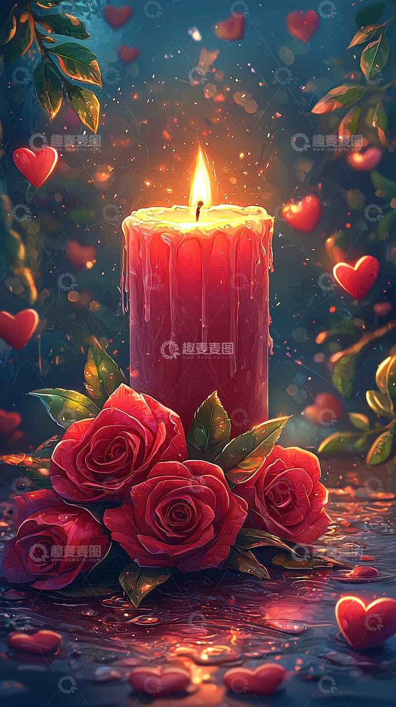 高清大图下载【趣麦麦图】红蜡烛玫瑰雨夜心形