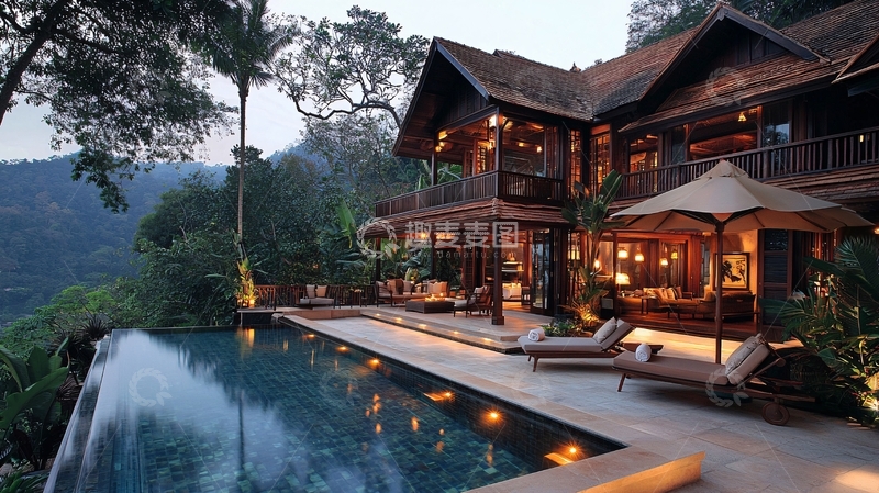 高清大图下载【趣麦麦图】山谷别墅泳池夜景