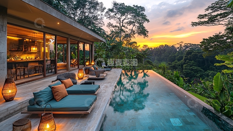 高清大图下载【趣麦麦图】现代简约别墅泳池落日