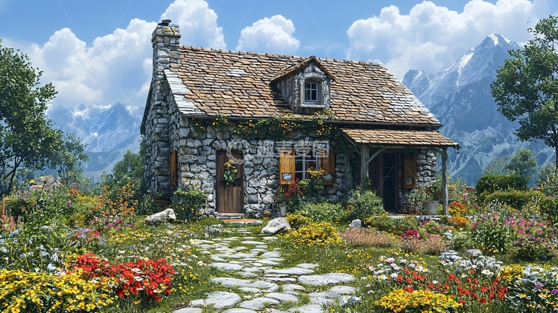 高清大图下载【趣麦麦图】山间石屋鲜花环绕