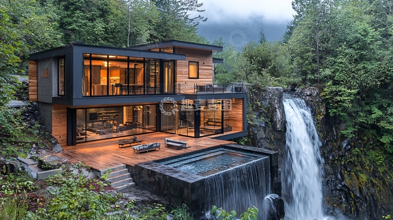 高清大图下载【趣麦麦图】瀑布旁的现代木屋