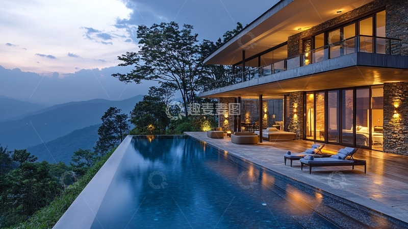 高清大图下载【趣麦麦图】山顶别墅泳池夜景