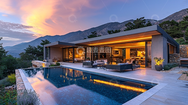 高清大图下载【趣麦麦图】山景别墅夜景泳池