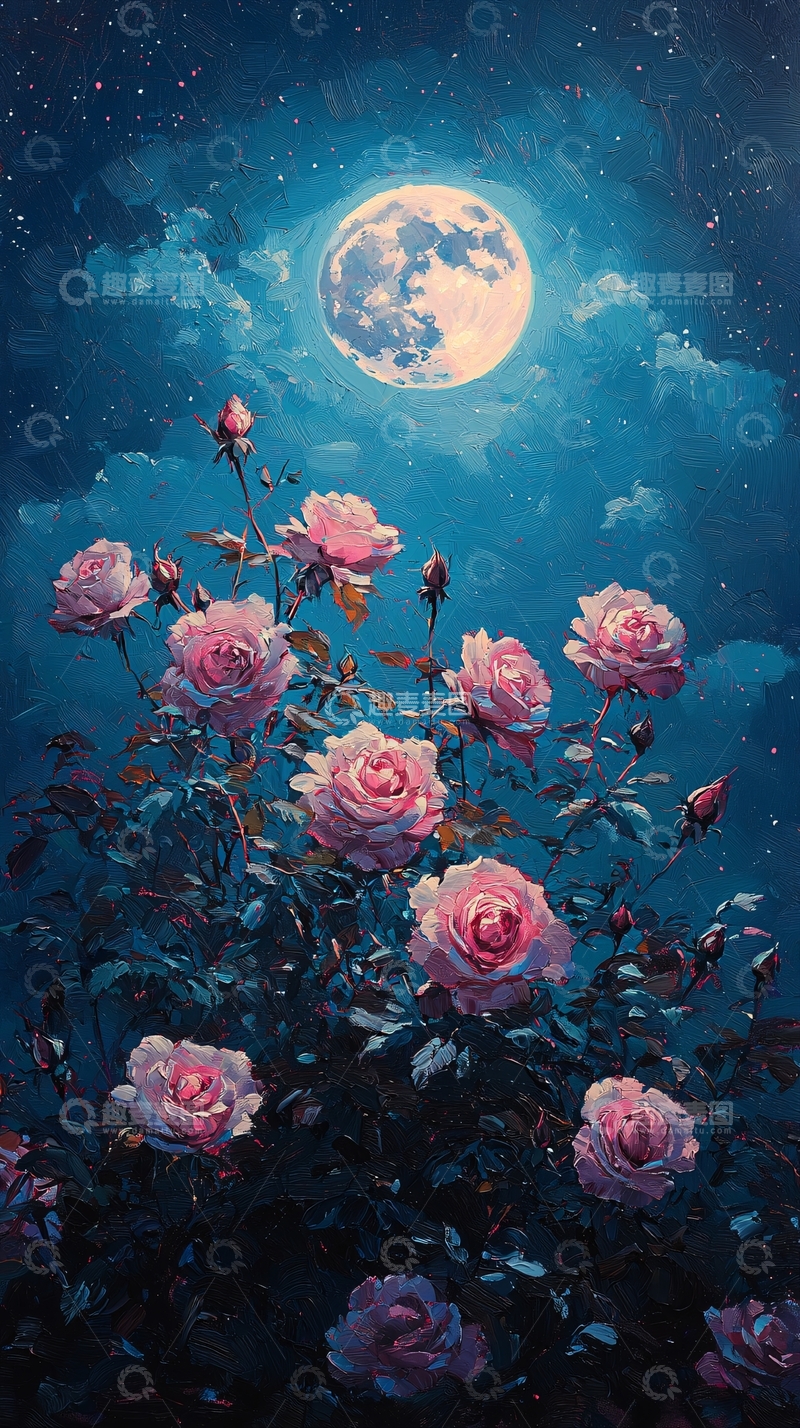 高清大图下载【趣麦麦图】月夜粉玫瑰