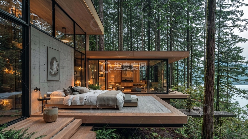 高清大图下载【趣麦麦图】森林木屋卧室景观