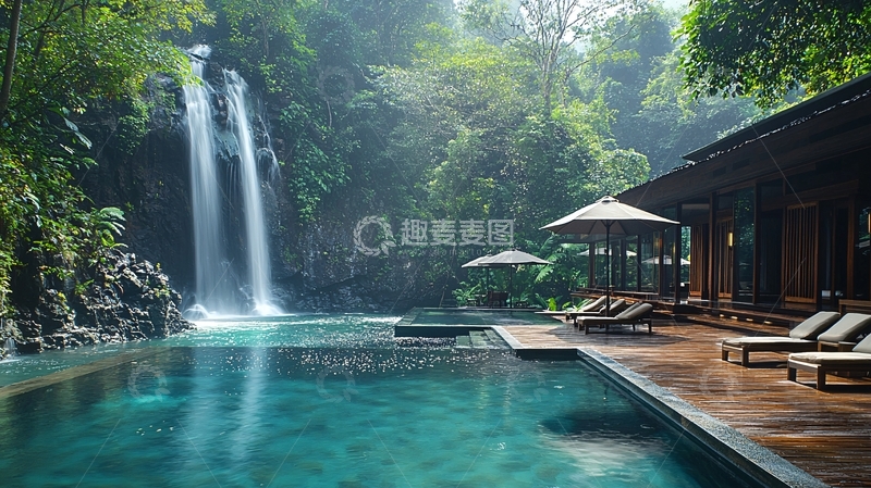 高清大图下载【趣麦麦图】瀑布旁的豪华泳池别墅