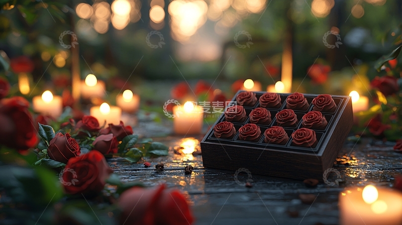 高清大图下载【趣麦麦图】红玫瑰与烛光下的巧克力礼盒