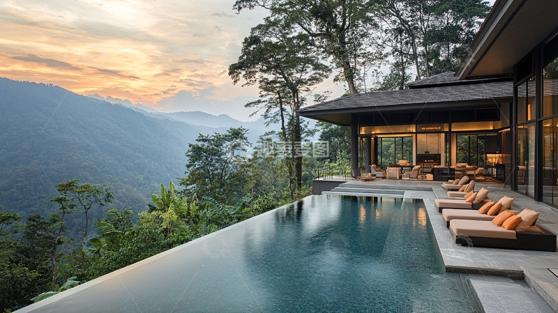 高清大图下载【趣麦麦图】山景别墅泳池傍晚
