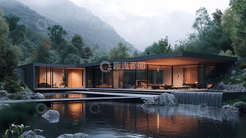 高清大图下载【趣麦麦图】山间现代简约玻璃屋