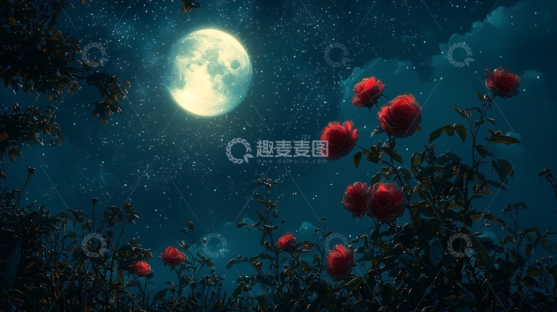 高清大图下载【趣麦麦图】夜空下盛开的红色玫瑰