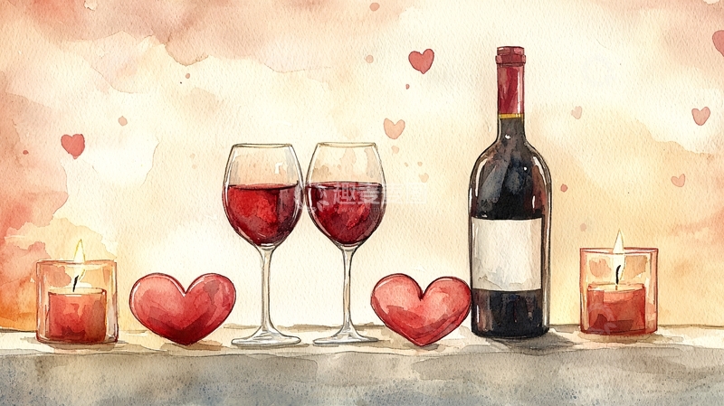 高清大图下载【趣麦麦图】水彩红酒烛光晚餐