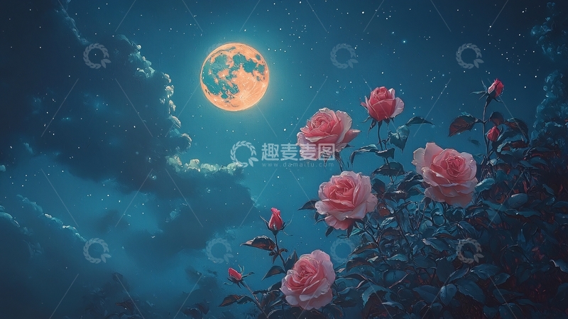 高清大图下载【趣麦麦图】月夜玫瑰花丛