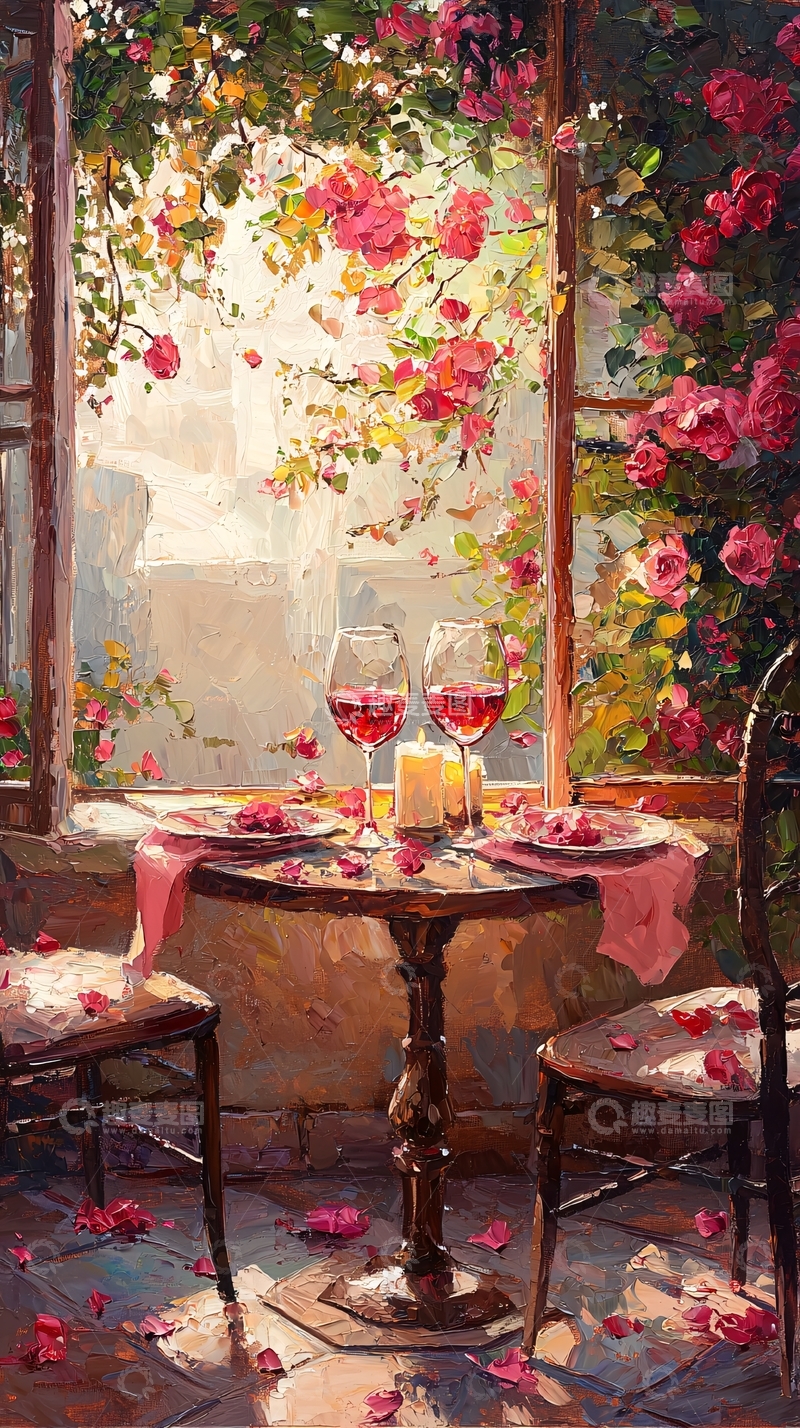 高清大图下载【趣麦麦图】玫瑰花窗边浪漫晚餐