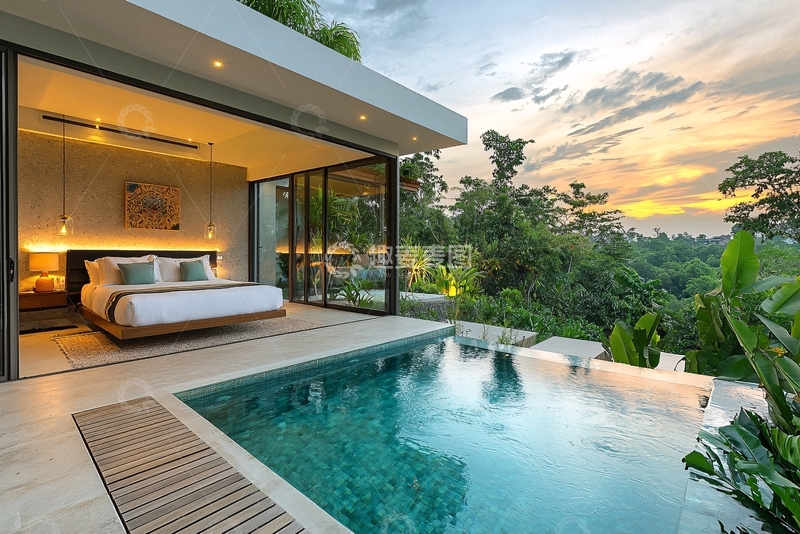 高清大图下载【趣麦麦图】现代别墅泳池卧室落日