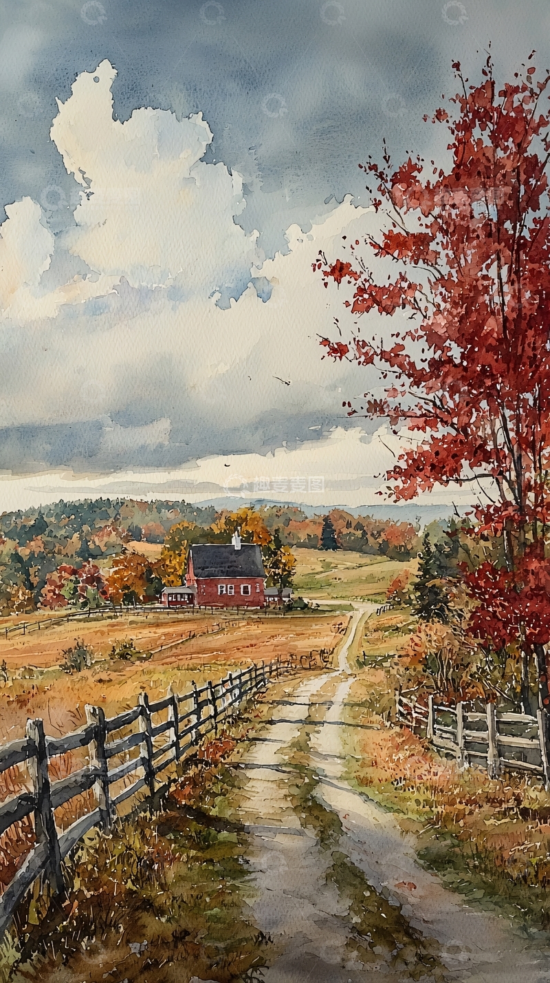 高清大图下载【趣麦麦图】秋日乡间红屋农场景色