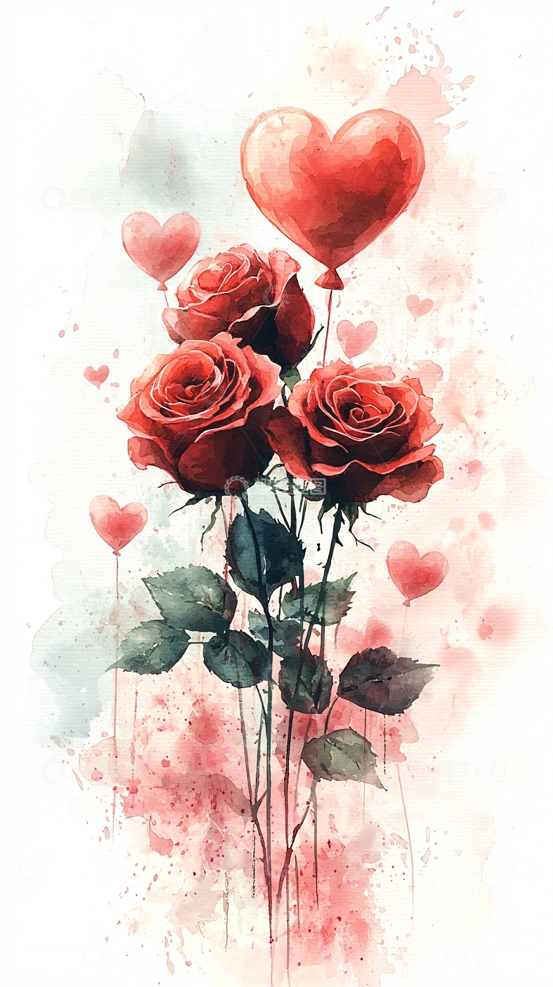 高清大图下载【趣麦麦图】水彩玫瑰花束爱心气球
