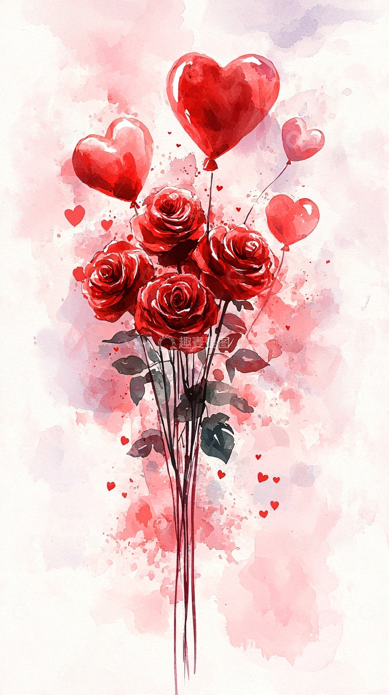 高清大图下载【趣麦麦图】红色玫瑰爱心气球水彩画