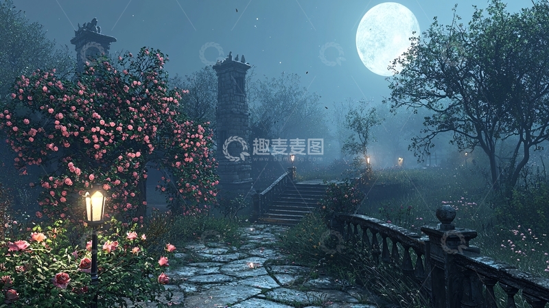 高清大图下载【趣麦麦图】月光下的玫瑰园