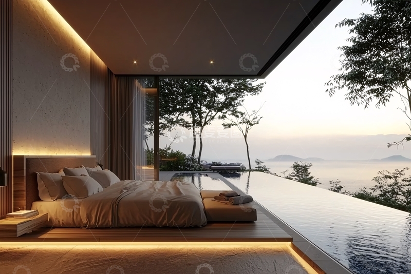 高清大图下载【趣麦麦图】现代简约卧室无边泳池景观