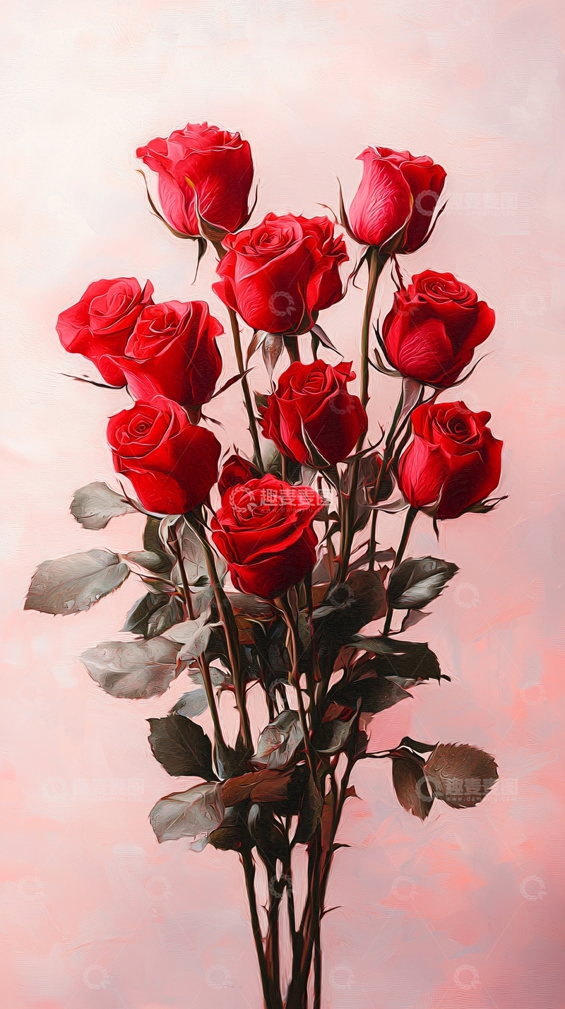 高清大图下载【趣麦麦图】粉色背景红玫瑰花束
