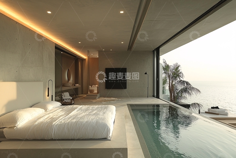 高清大图下载【趣麦麦图】极简风卧室海景泳池