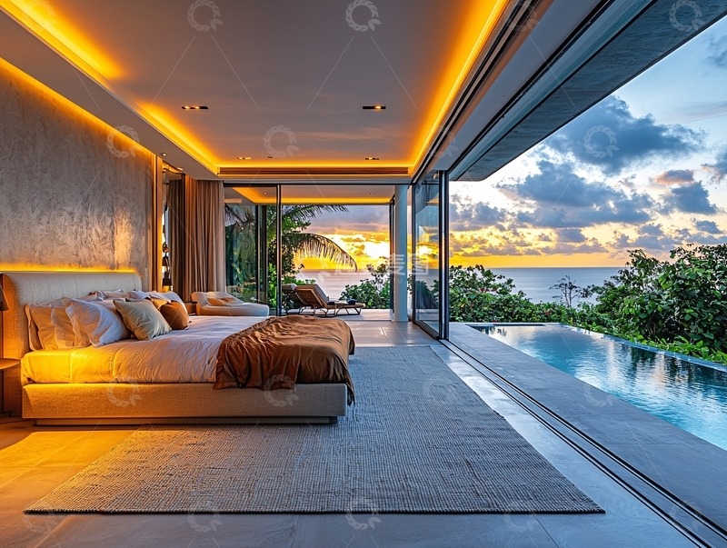 高清大图下载【趣麦麦图】海景别墅卧室日落