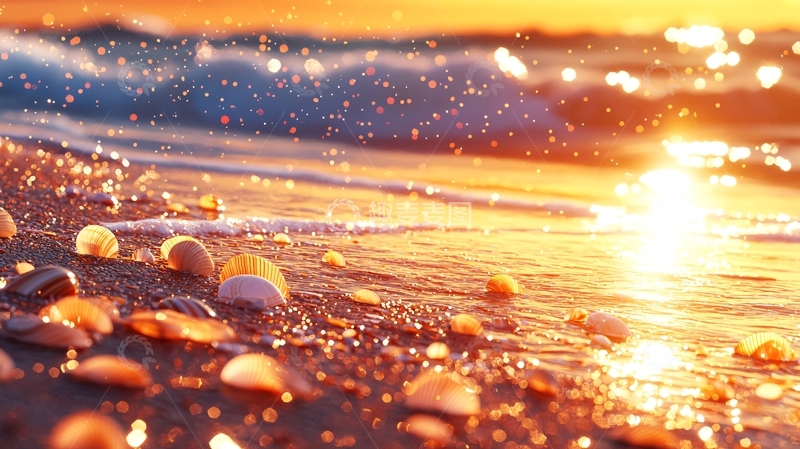 高清大图下载【趣麦麦图】日落海滩贝壳