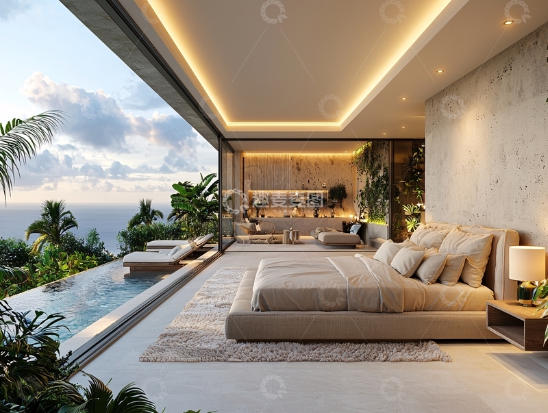 高清大图下载【趣麦麦图】海景无边泳池卧室