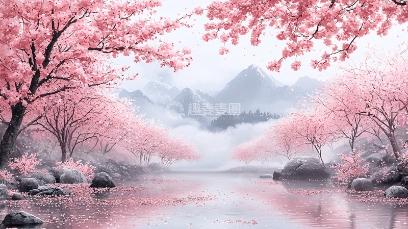 高清大图下载【趣麦麦图】粉嫩樱花雪山湖泊