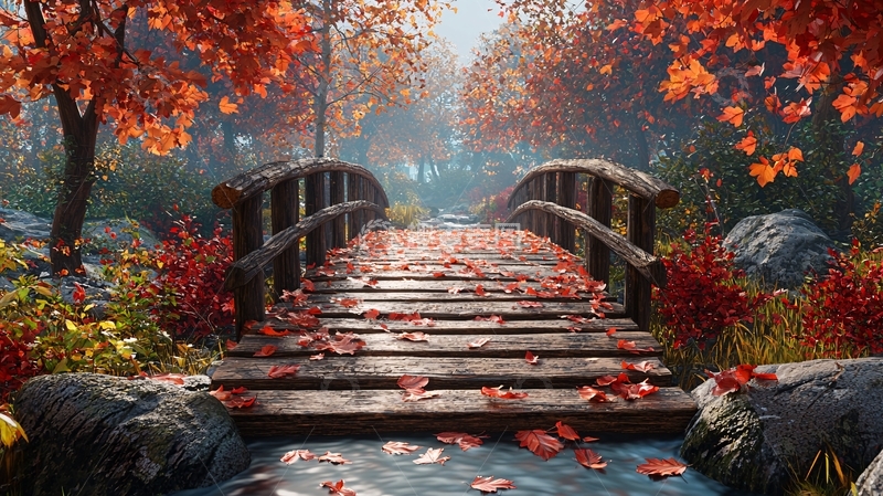 高清大图下载【趣麦麦图】秋日木桥小溪景色