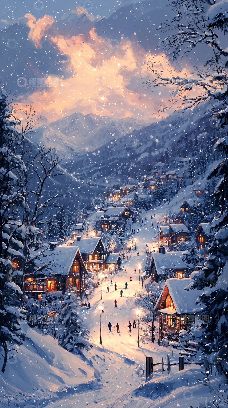 高清大图下载【趣麦麦图】雪夜山村