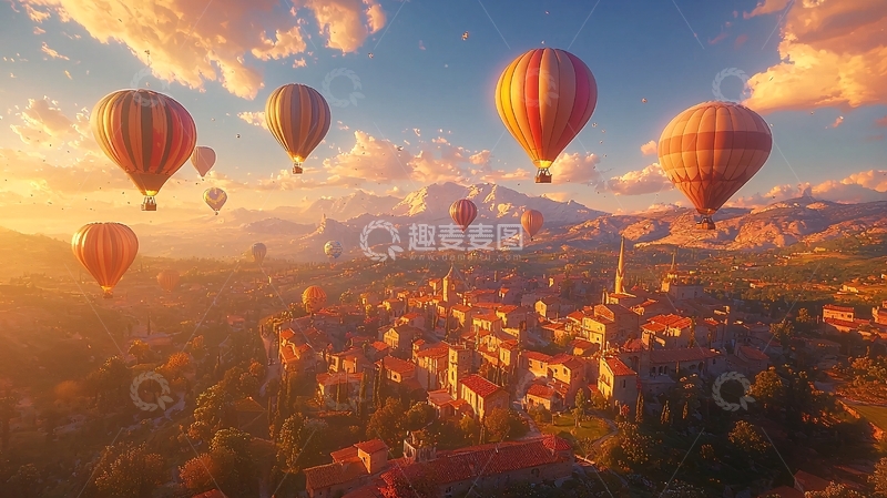 高清大图下载【趣麦麦图】热气球日出小镇风景